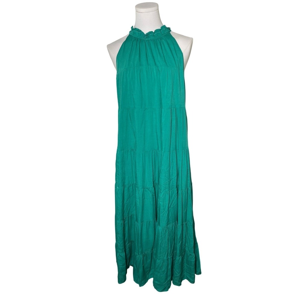 Green Tiered‎ Maxi Dress Small Halter Tie Neck Sleeveless Flowy Resort Vacation